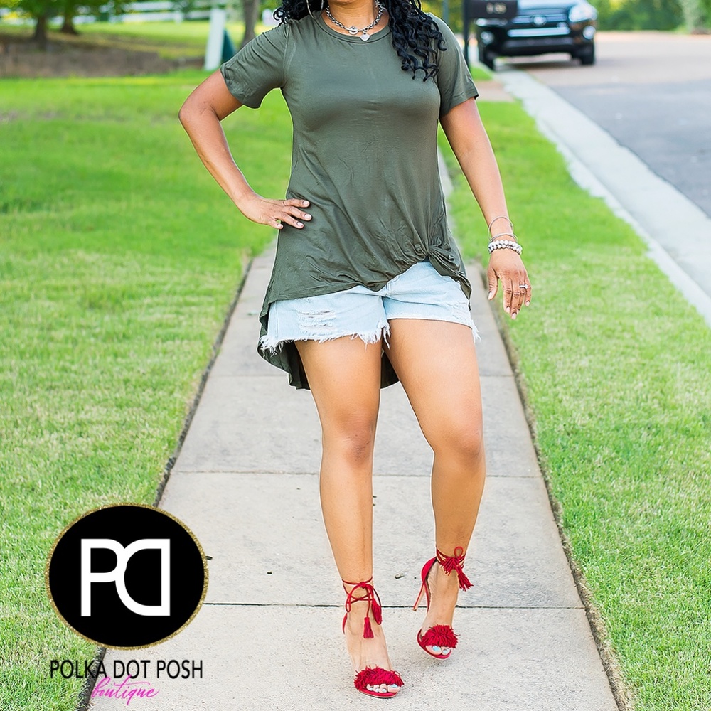 Olive Green Basic High Low Tee with Twist Front